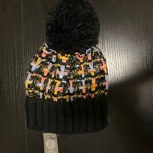 Vince Camuto Black Knit Pom Beanie with Pink, Blue & Yellow Tweed